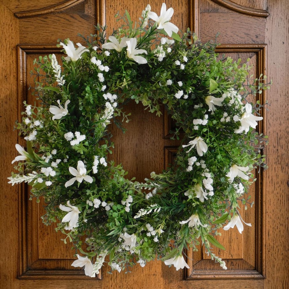 White Flower Boxwood Wreath, Minimalist Greenery, Front Door Decor